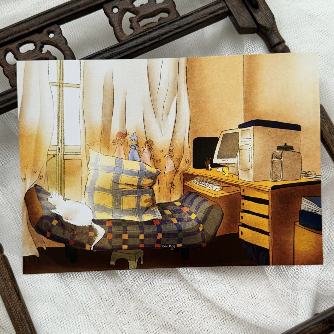 Illustration of a bedroom with a desk, chair, and computer setup.